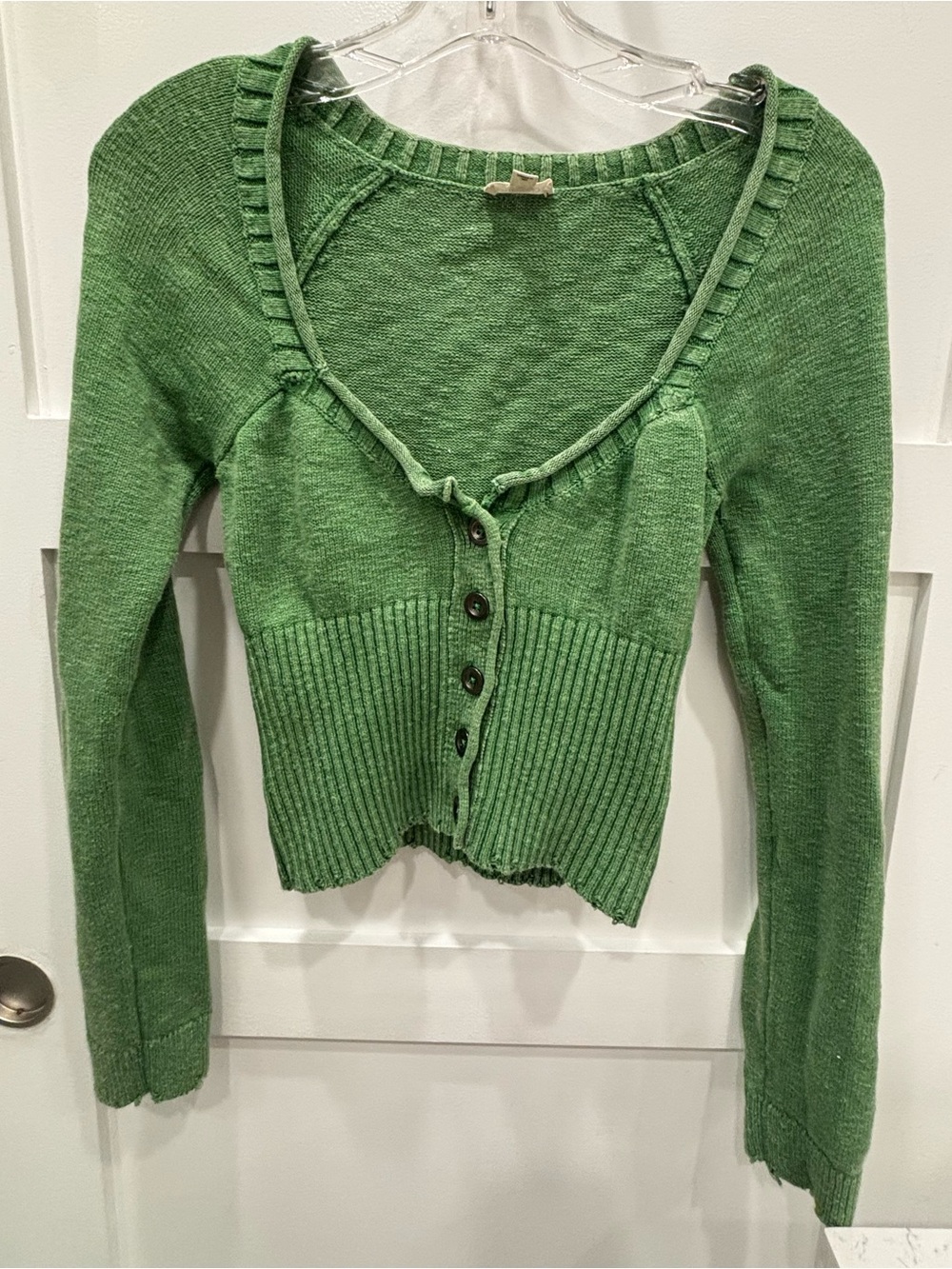 Pilcro Moss Green Fitted Knit Distressed Cardigan